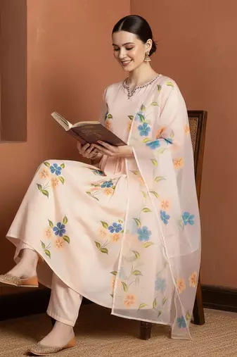 Women Floral Embroidered Regular Mirror Work Pure Cotton Kurta with Trousers & With Dupatta