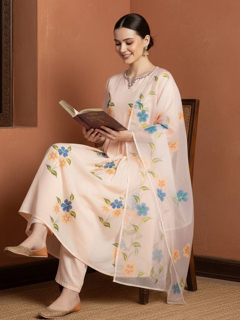 Women Floral Embroidered Regular Mirror Work Pure Cotton Kurta with Trousers & With Dupatta