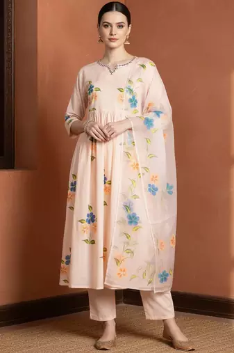 Women Floral Embroidered Regular Mirror Work Pure Cotton Kurta with Trousers & With Dupatta
