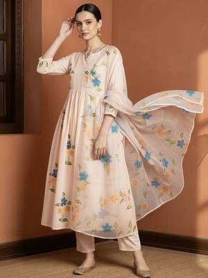 Women Floral Embroidered Regular Mirror Work Pure Cotton Kurta with Trousers & With Dupatta 4