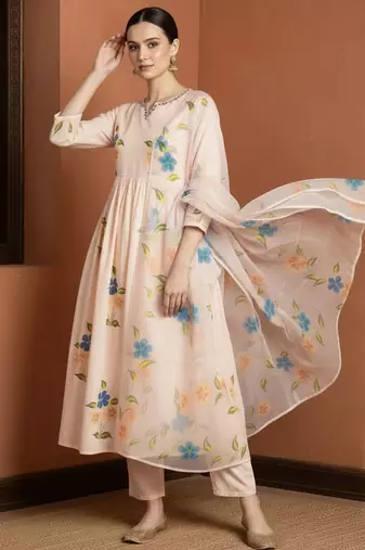 Women Floral Embroidered Regular Mirror Work Pure Cotton Kurta with Trousers & With Dupatta