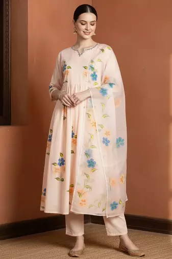 Women Floral Embroidered Regular Mirror Work Pure Cotton Kurta with Trousers & With Dupatta