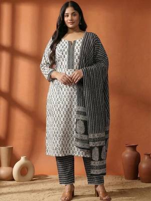 Plus Size Motifs Printed Regular Pure Cotton Kurta with Trousers & With Dupatta 1
