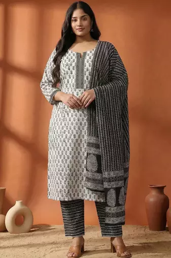 Plus Size Motifs Printed Regular Pure Cotton Kurta with Trousers & With Dupatta