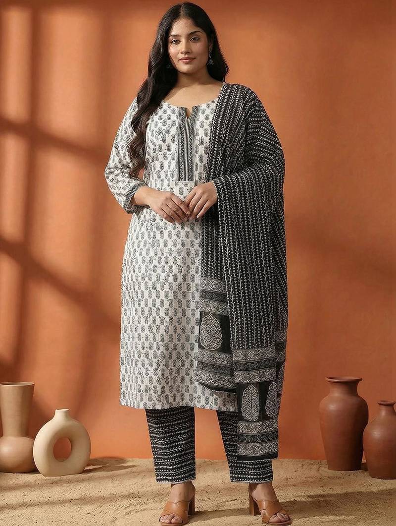 Plus Size Motifs Printed Regular Pure Cotton Kurta with Trousers & With Dupatta