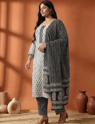 Plus Size Motifs Printed Regular Pure Cotton Kurta with Trousers & With Dupatta 2