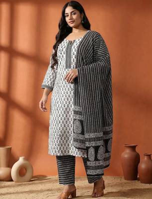 Plus Size Motifs Printed Regular Pure Cotton Kurta with Trousers & With Dupatta 4