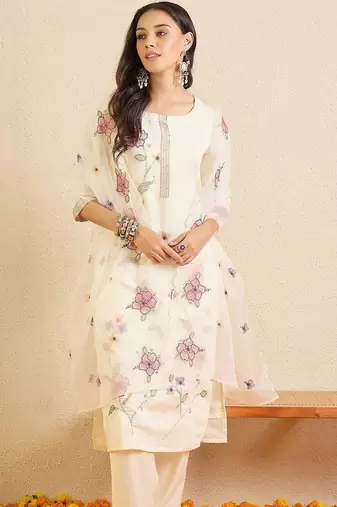 Women Floral Embroidered Regular Thread Work Kurta with Trousers & With Dupatta