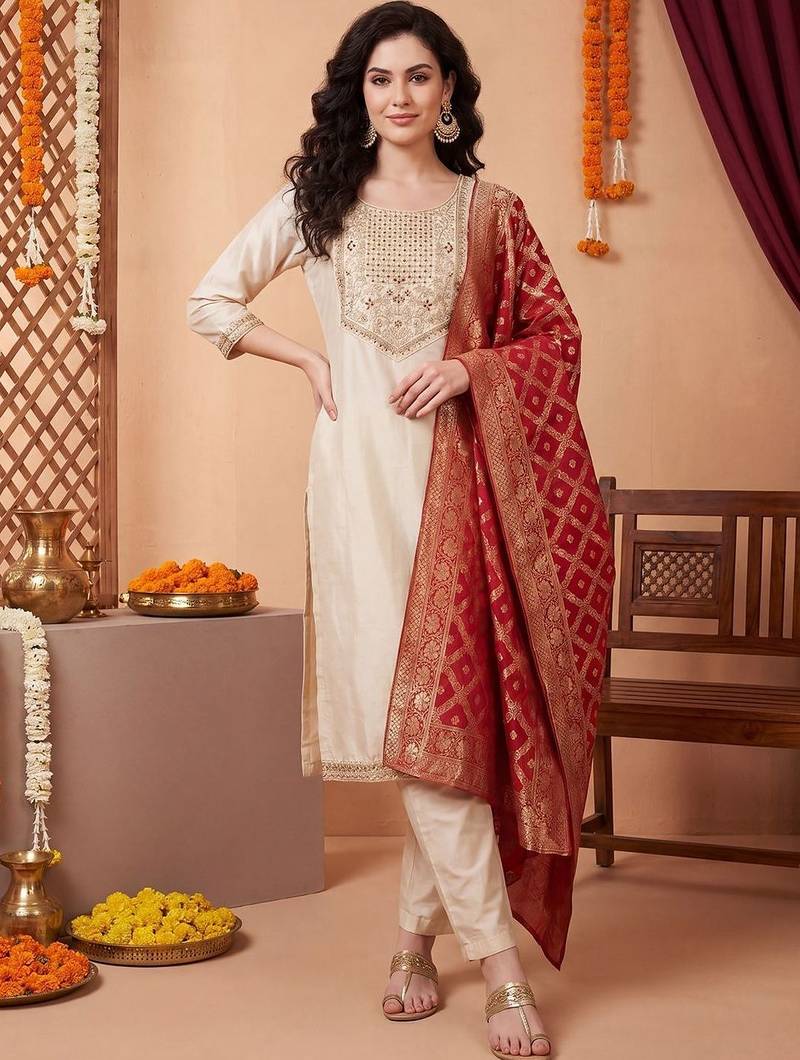 Women Ethnic Motifs Embroidered Regular Thread Work Kurta with Trousers & With Dupatta