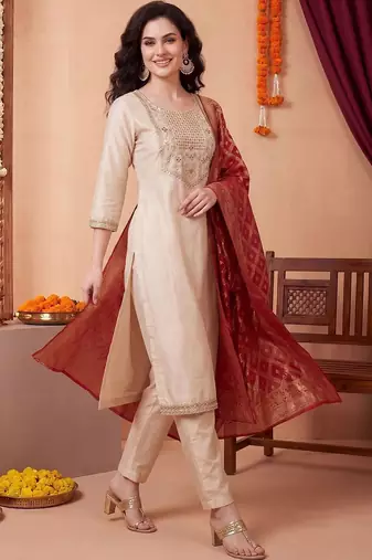 Women Ethnic Motifs Embroidered Regular Thread Work Kurta with Trousers & With Dupatta