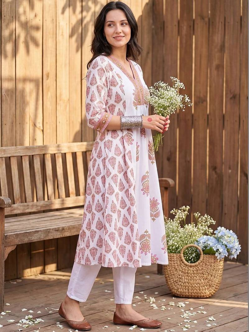 Women Ethnic Motifs Printed Empire Thread Work Pure Cotton Kurta with Trousers