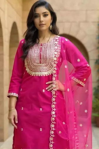 Ethnic Motifs Embroidered Kurta With Trouser & Dupatta