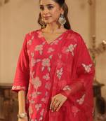 Women Floral Embroidered Regular Sequinned Straight Kurta with Trousers & Dupatta