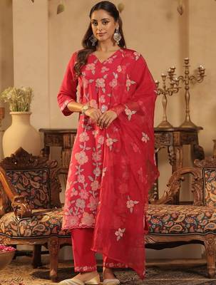 Women Floral Embroidered Regular Sequinned Straight Kurta with Trousers & Dupatta 2