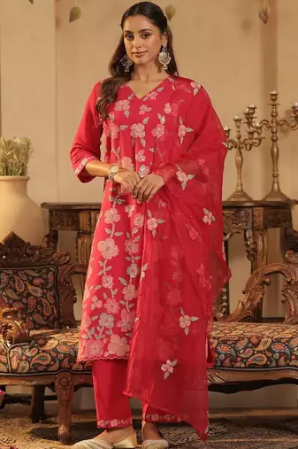 Women Floral Embroidered Regular Sequinned Straight Kurta with Trousers & Dupatta