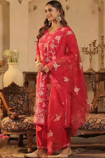 Women Floral Embroidered Regular Sequinned Straight Kurta with Trousers & Dupatta