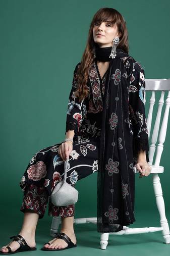 Floral Printed Sequinned Pure Cotton Kurta With Trousers & Dupatta