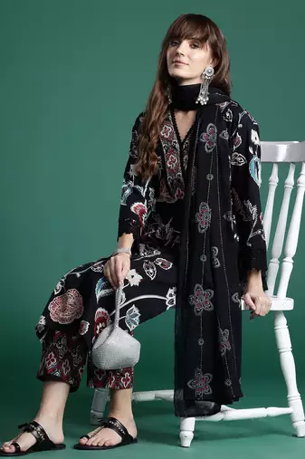 Floral Printed Sequinned Pure Cotton Kurta With Trousers & Dupatta