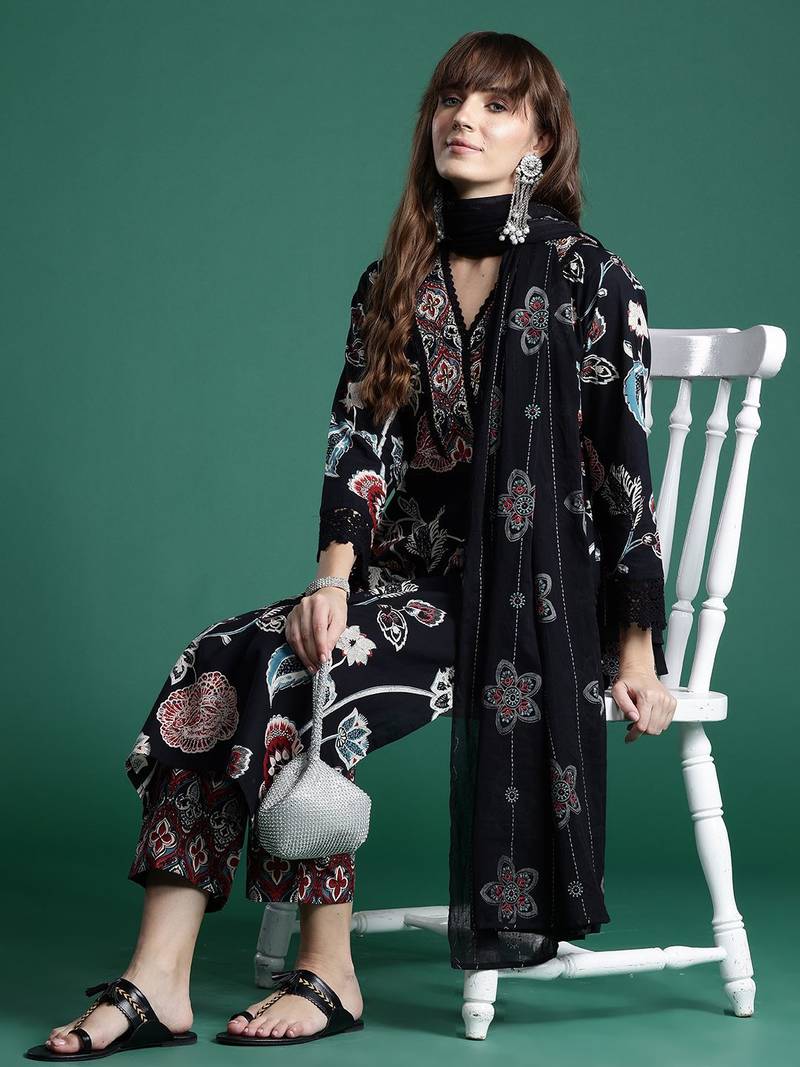 Floral Printed Sequinned Pure Cotton Kurta With Trousers & Dupatta