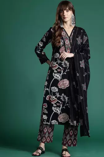 Floral Printed Sequinned Pure Cotton Kurta With Trousers & Dupatta