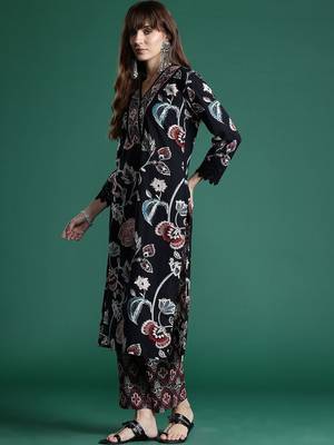 Floral Printed Sequinned Pure Cotton Kurta With Trousers & Dupatta 6