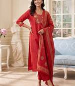 Women Ethnic Motifs Embroidered Regular Kurta with Trousers & With Dupatta