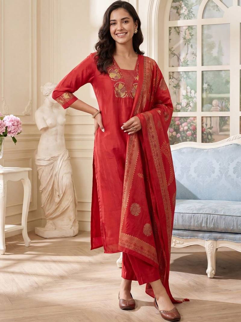 Women Ethnic Motifs Embroidered Regular Kurta with Trousers & With Dupatta