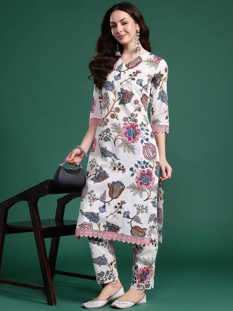 Floral Printed Regular Pure Cotton Kurta with Trousers
