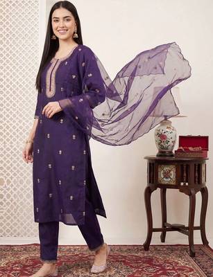 Women Ethnic Motifs Embroidered Regular Thread Work Kurta with Trousers & With Dupatta 1