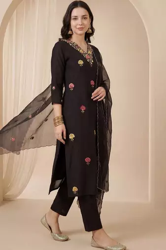 Women Floral Embroidered Regular Thread Work Kurta with Trousers & With Dupatta