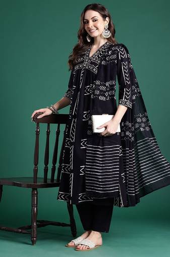 Geometric Printed Empire Thread Work  Cotton Kurta with Trousers & Dupatta