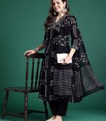Geometric Printed Empire Thread Work Pure Cotton Kurta with Trousers & Dupatta
