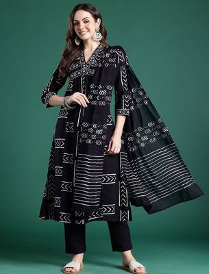 Geometric Printed Empire Thread Work Pure Cotton Kurta with Trousers & Dupatta 7