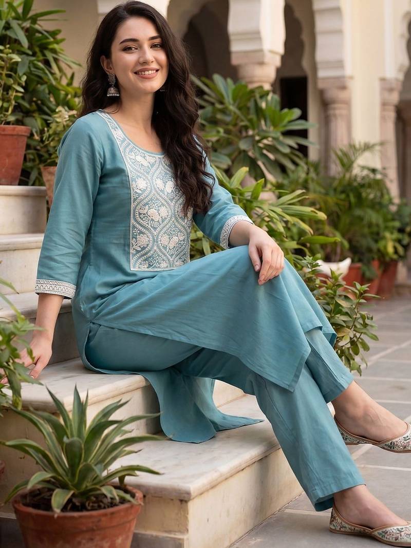 Women Ethnic Motifs Embroidered Regular Thread Work Kurta with Trousers