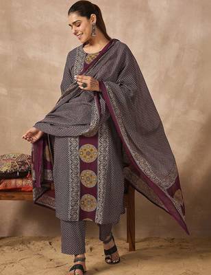 Women Ethnic Motifs Printed Regular Sequinned Pure Cotton Kurta with Trousers & With Dupatta 1