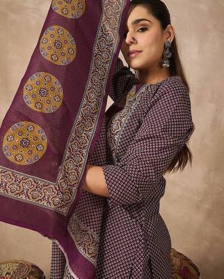 Women Ethnic Motifs Printed Regular Sequinned Pure Cotton Kurta with Trousers & With Dupatta 4