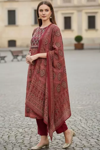 Women Printed Regular Thread Work Pure Cotton Kurta with Trousers & With Dupatta