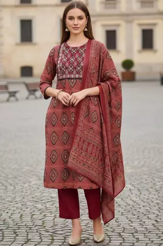 Women Printed Regular Thread Work Pure Cotton Kurta with Trousers & With Dupatta