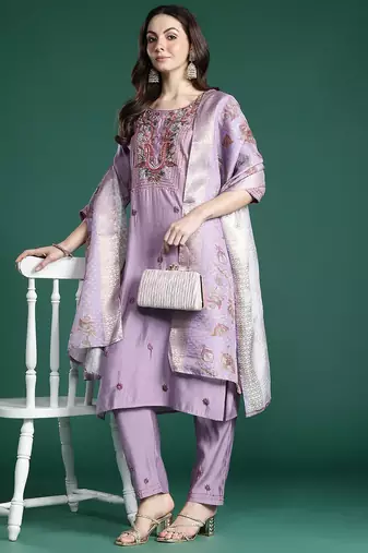 Floral Embroidered Thread Work Kurta with Trousers & With Dupatta