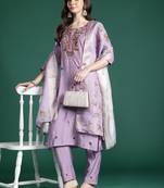 Floral Embroidered Thread Work Kurta with Trousers & With Dupatta