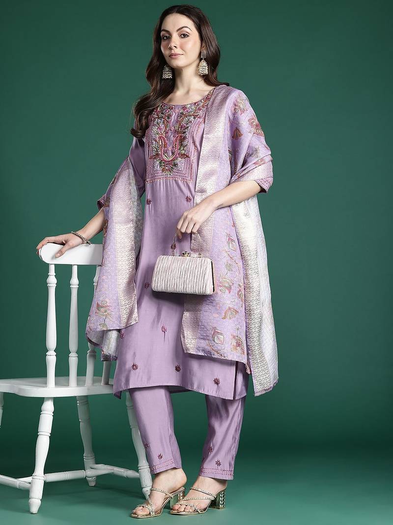 Floral Embroidered Thread Work Kurta with Trousers & With Dupatta