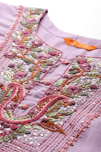Floral Embroidered Thread Work Kurta with Trousers & With Dupatta