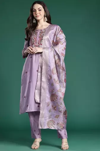 Floral Embroidered Thread Work Kurta with Trousers & With Dupatta