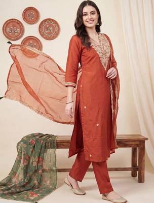 Women Ethnic Motifs Embroidered Regular Thread Work Kurta with Trousers & With Dupatta 1