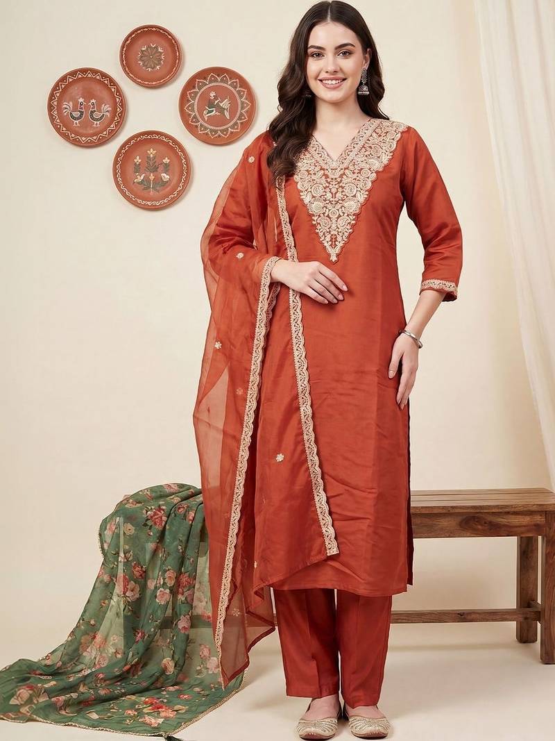 Women Ethnic Motifs Embroidered Regular Thread Work Kurta with Trousers & With Dupatta