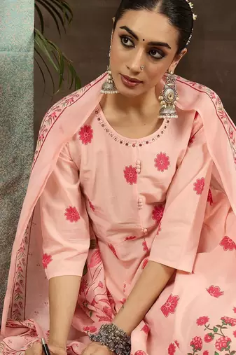 Floral Printed Round Neck Pure Cotton Anarkali Kurta With Trousers & Dupatta