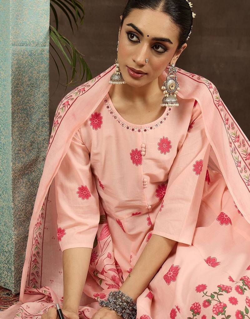 Floral Printed Round Neck Pure Cotton Anarkali Kurta With Trousers & Dupatta