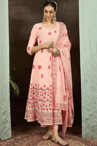 Floral Printed Round Neck Pure Cotton Anarkali Kurta With Trousers & Dupatta