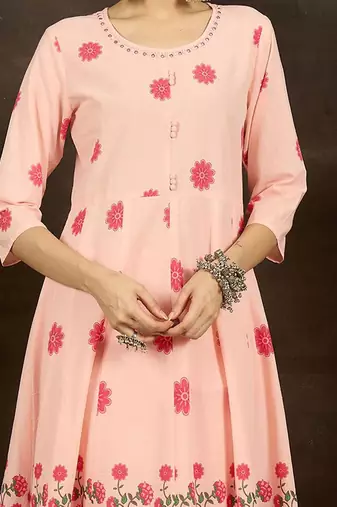 Floral Printed Round Neck Pure Cotton Anarkali Kurta With Trousers & Dupatta