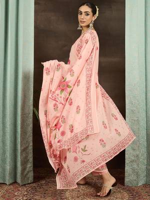 Floral Printed Round Neck Pure Cotton Anarkali Kurta With Trousers & Dupatta 4